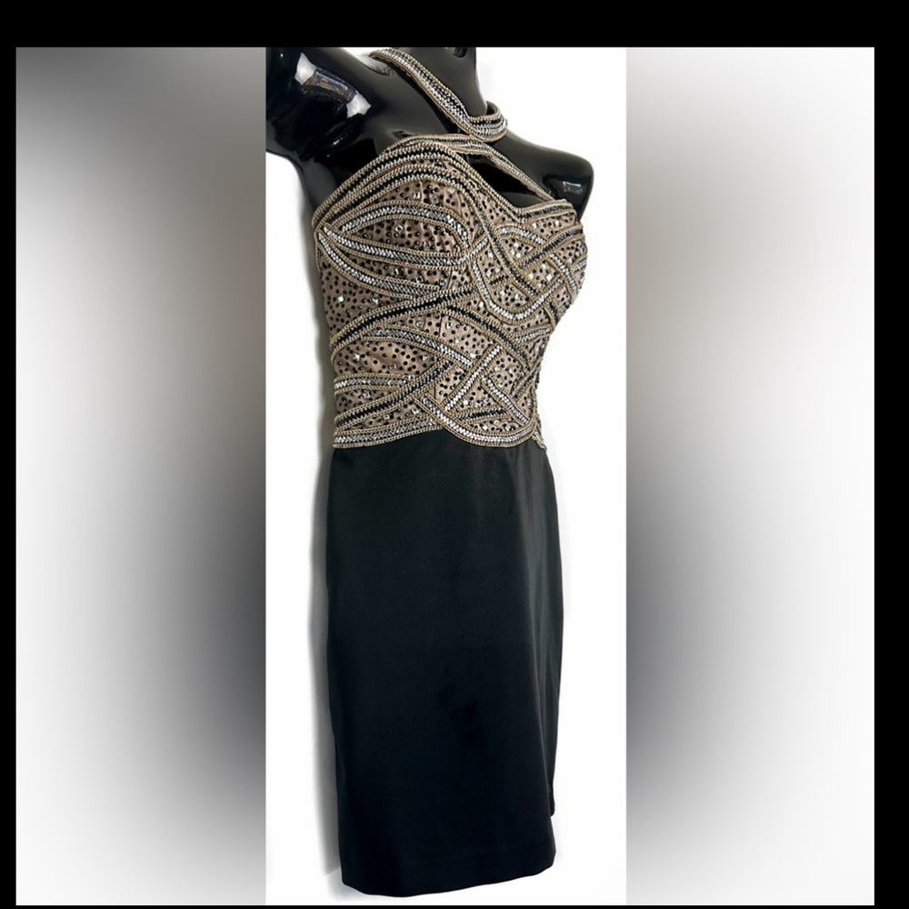 Embellished Black Cocktail Dress with Gold Beaded Bodice